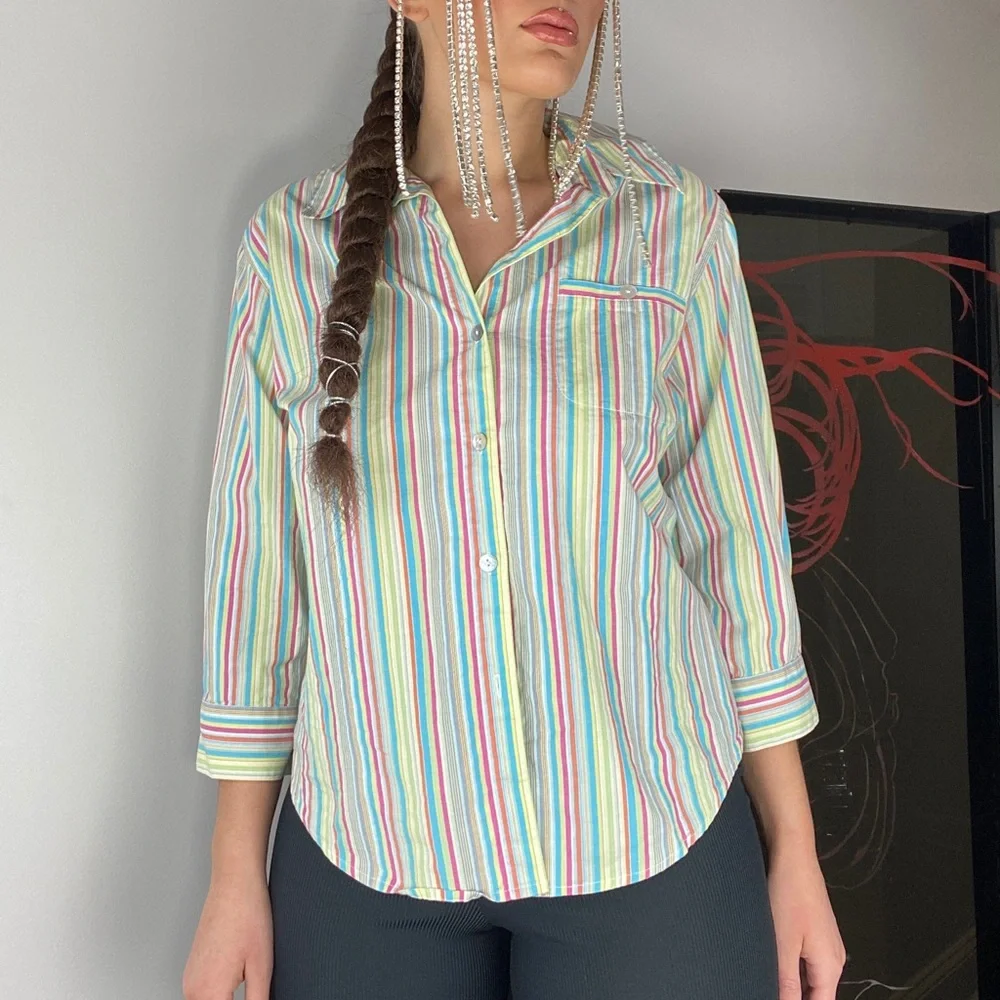vintage multi colored striped button down collared blouse - Picture 2 of 4